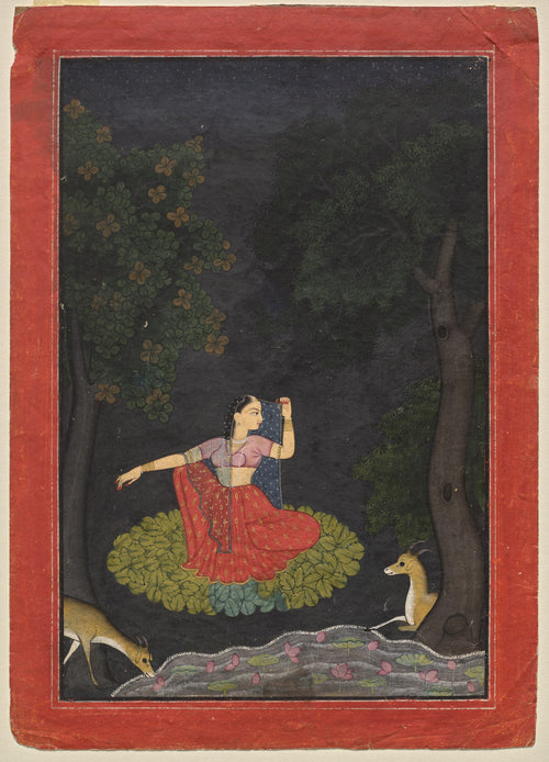 A heroine waiting for her lover: Vasakasajja Nayika by Pahari school — A heroine waits on a bed of leaves beside a lotus pond