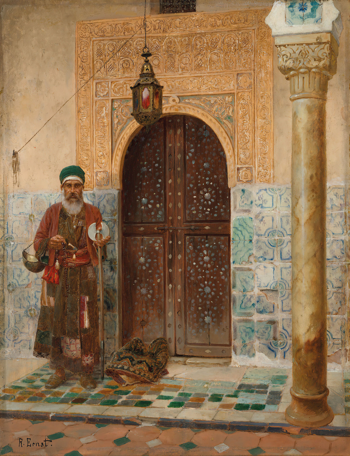 A holy man by an entrance by Rudolf Ernst — An old holy man waits by a star-studded door under a hanging lantern