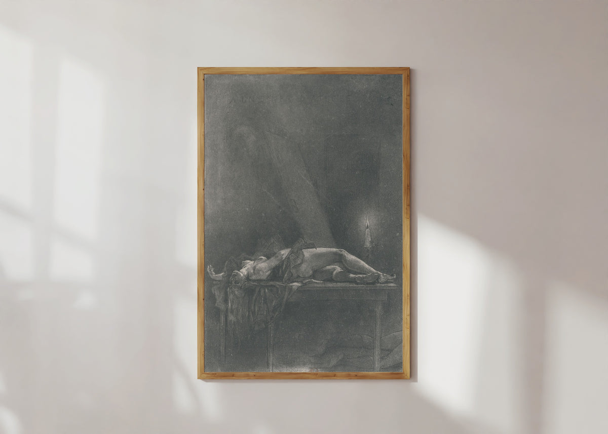 Framed art print of A un dîner d'athées (2nd state) by Félicien Rops, in a light wood frame on a sunlit white wall
