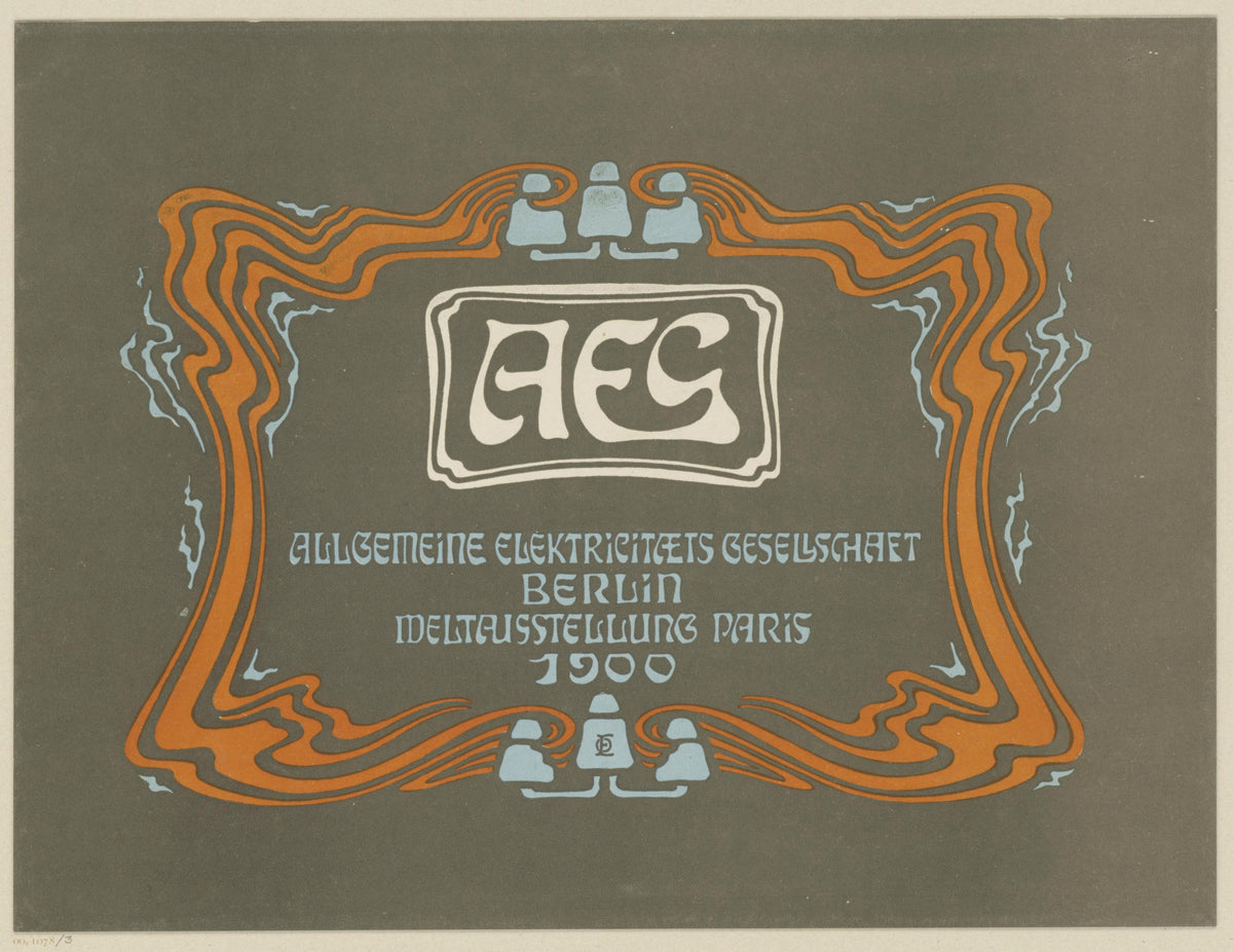 AEG Weltausstellung Paris 1900 by Otto Eckmann — A looping orange border frames a monogram on a grey ground