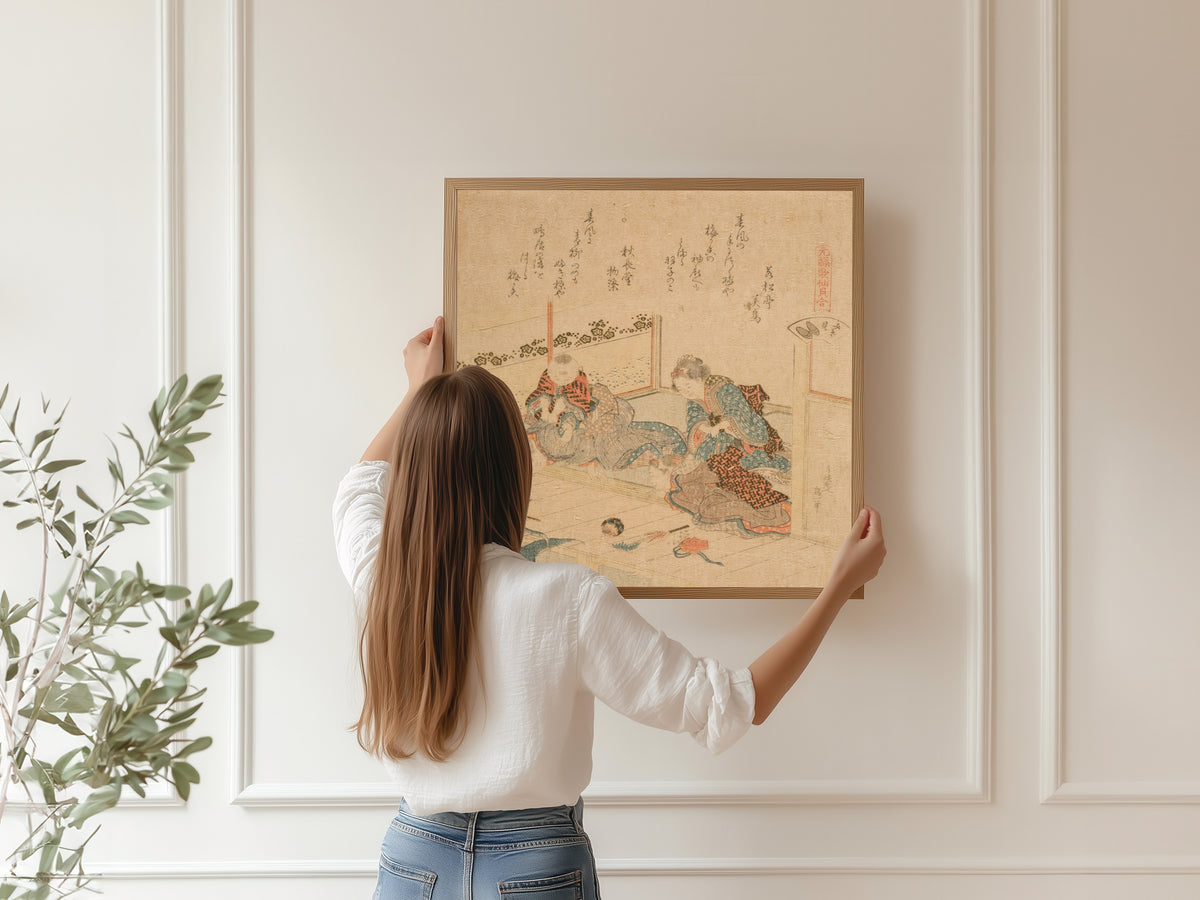 Framed art print of Abalone by Katsushika Hokusai, hung on a panelled wall