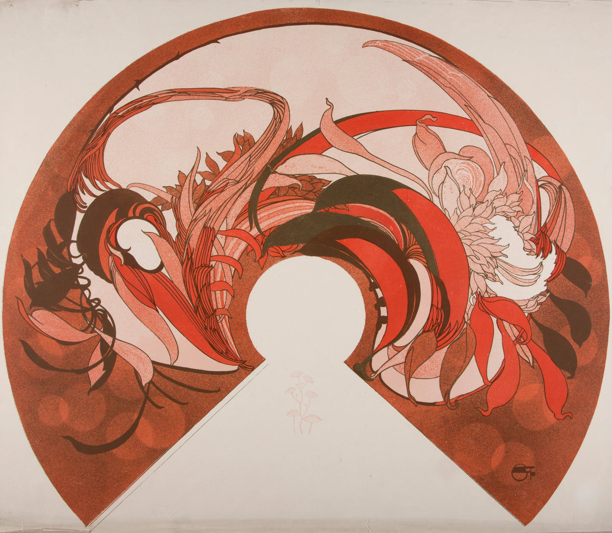 Abat-jour (fan design) by Georges de Feure — Coral and red blooms spiral around a fan-shaped sheet