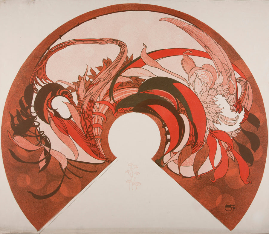 Georges de Feure — Abat-jour (fan design) | Art Nouveau Print shown to scale on a wall above a sofa