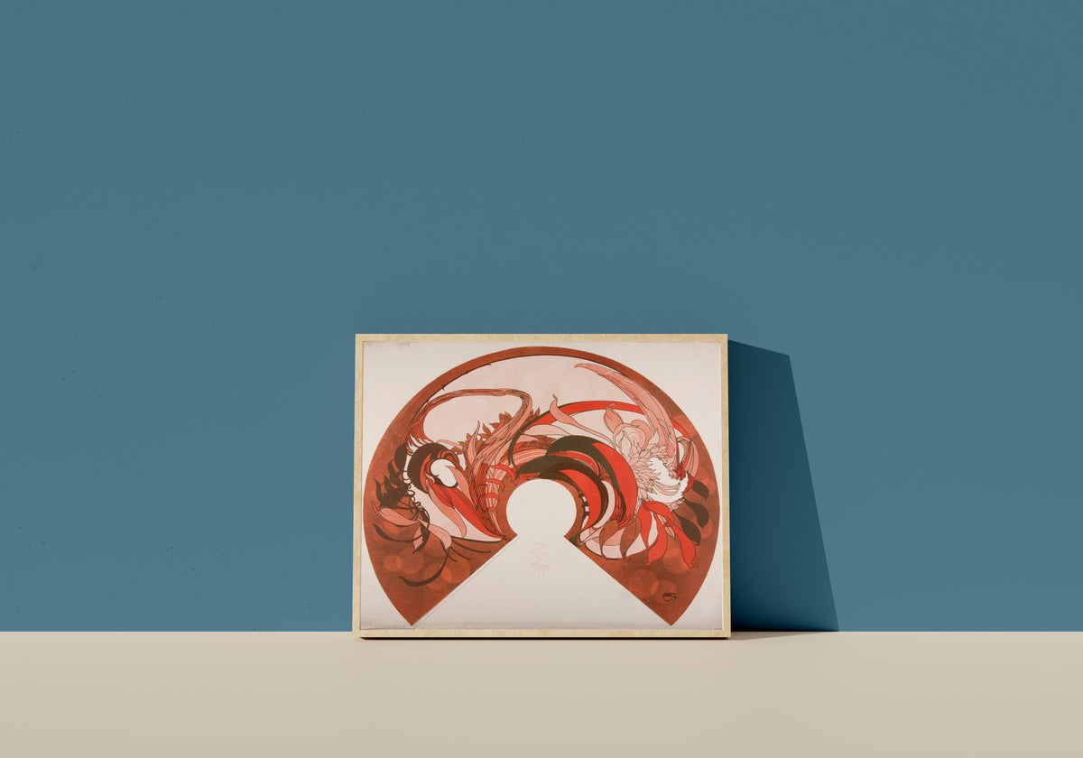 Framed art print of Abat-jour (fan design) by Georges de Feure, in a light wood frame leaning on a blue wall