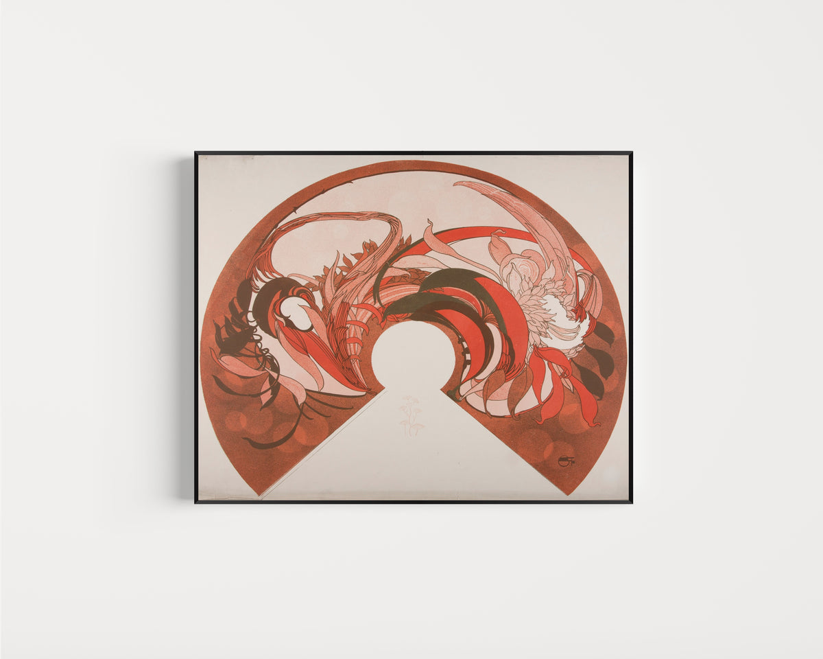 Framed art print of Abat-jour (fan design) by Georges de Feure, in a slim black frame on a plain white wall