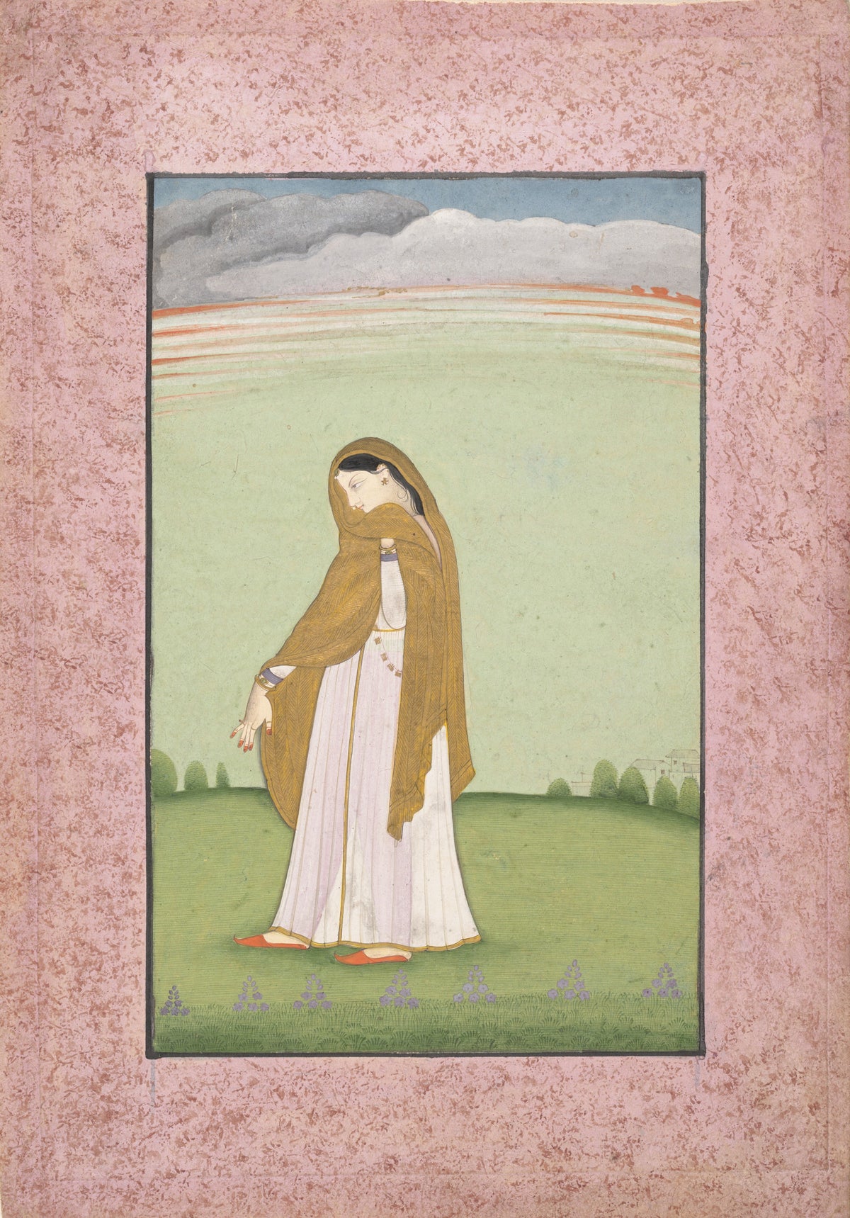 Abhisarika Nayika, a Heroine Longing for Her Lover by Kangra school — A veiled woman walks alone beneath a gathering storm cloud