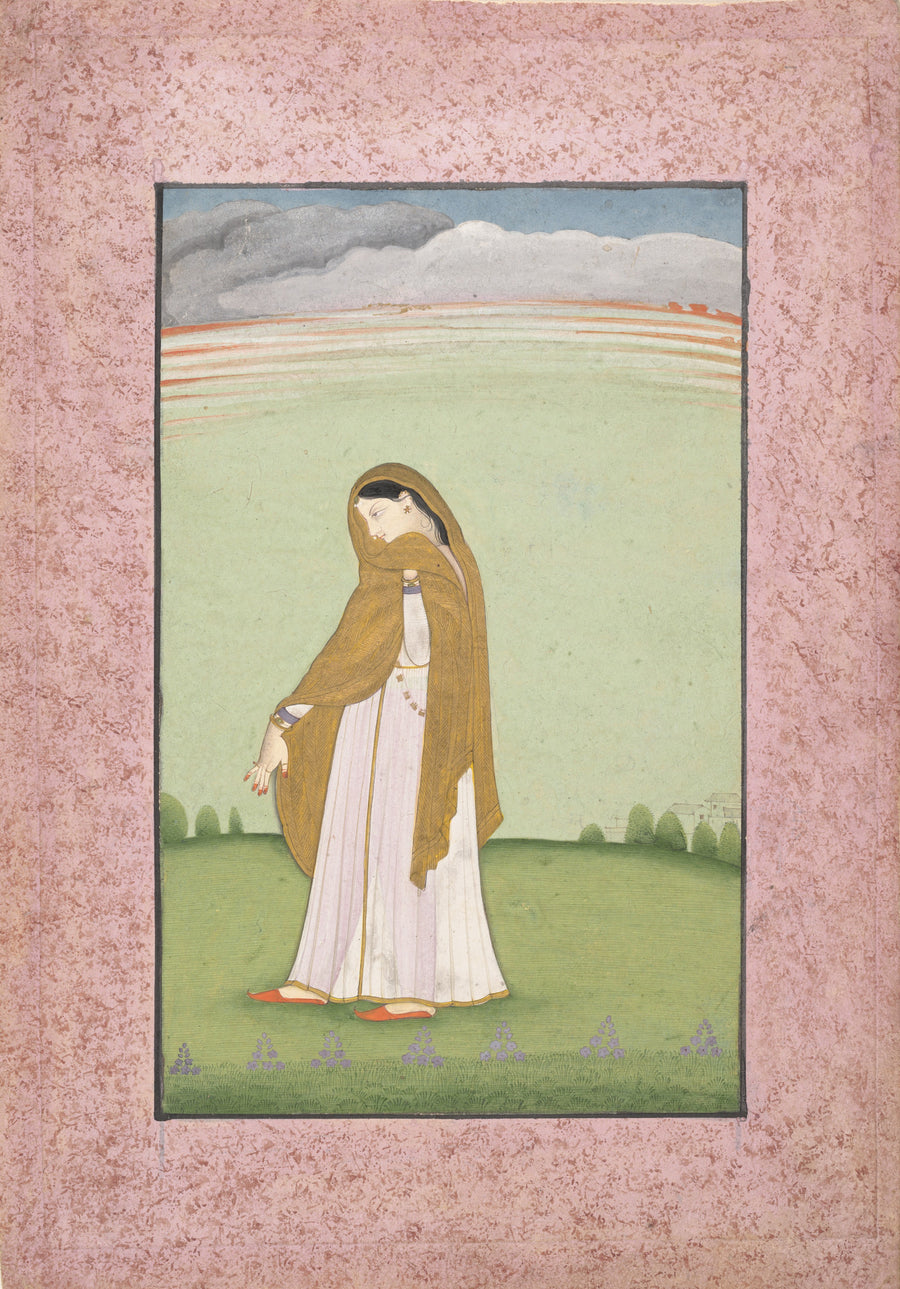 Kangra school — Abhisarika Nayika, a Heroine Longing for Her Lover | Indian Miniature Painting Print shown to scale on a wall above a sofa