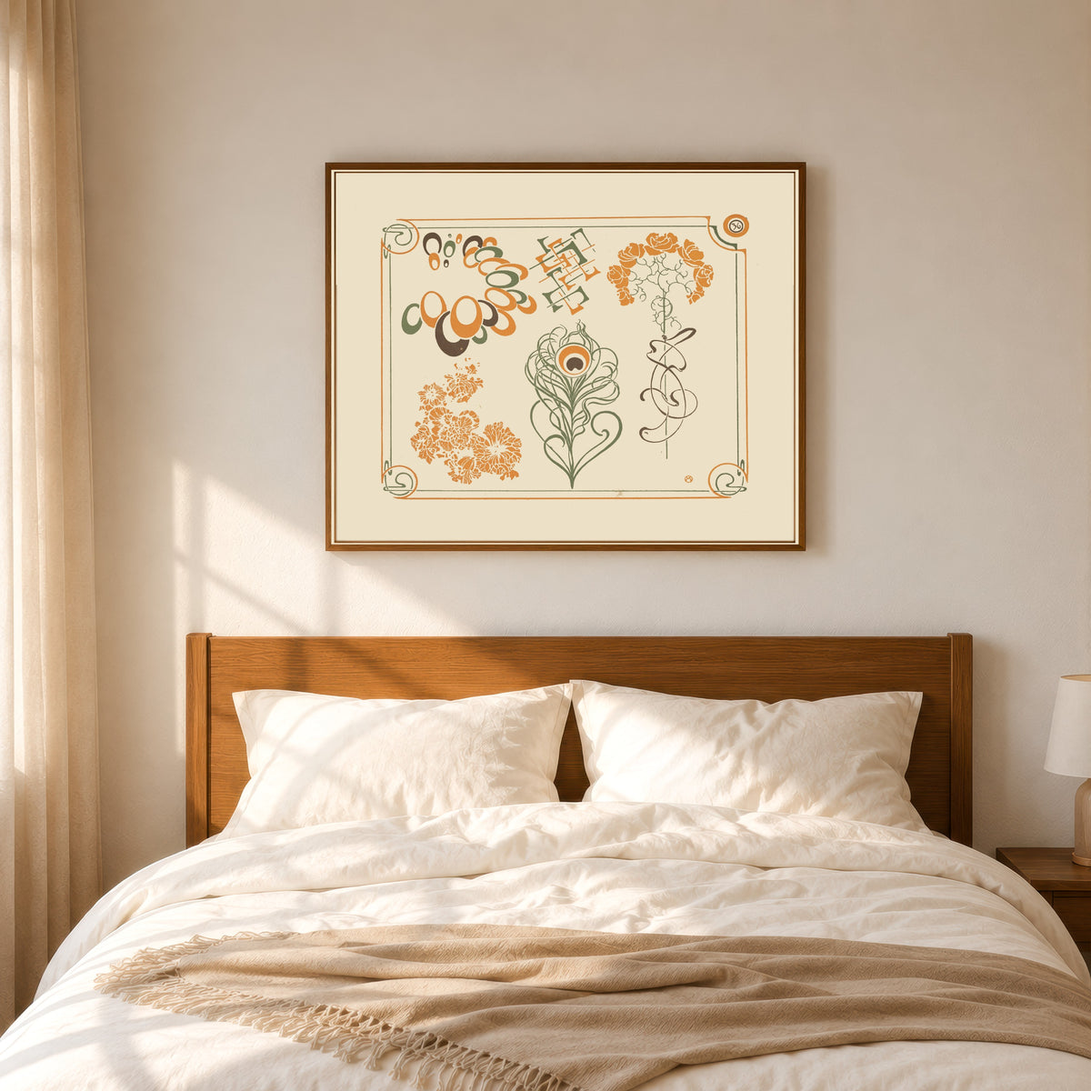 Framed art print of Abstract design based on flowers and curvilinear shapes by Alphonse Mucha, in a slim wood frame above a bed in a sunlit bedroom
