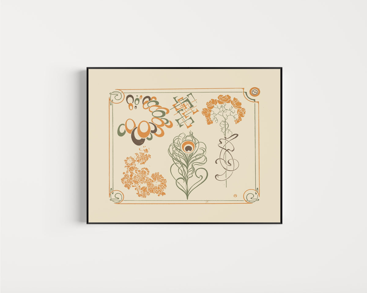 Framed art print of Abstract design based on flowers and curvilinear shapes by Alphonse Mucha, in a slim black frame on a plain white wall