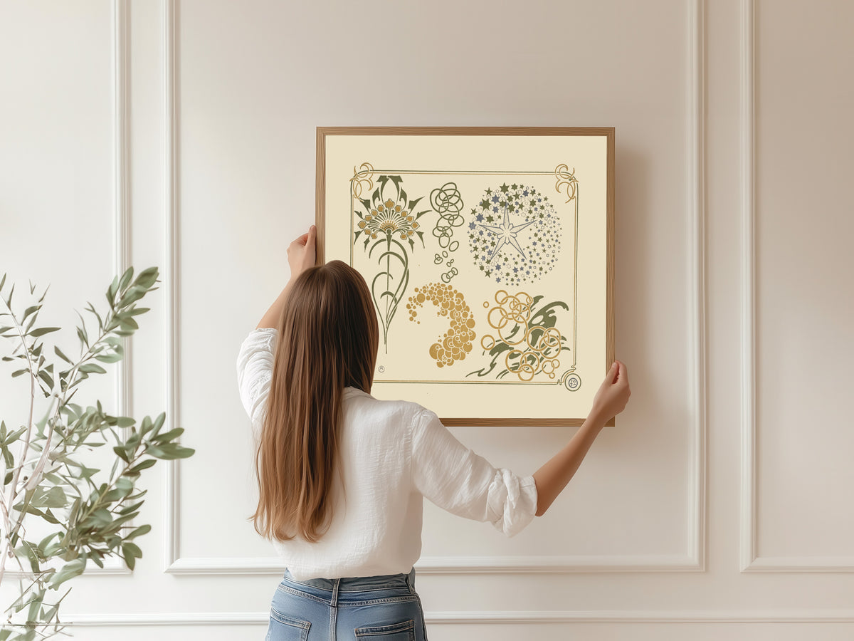 Framed art print of Abstract design based on stars, circles and leaves by Alphonse Mucha, hung on a panelled wall