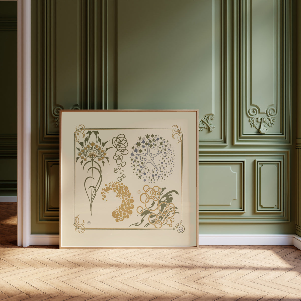 Framed art print of Abstract design based on stars, circles and leaves by Alphonse Mucha, leaning against olive-green panelling on a herringbone floor