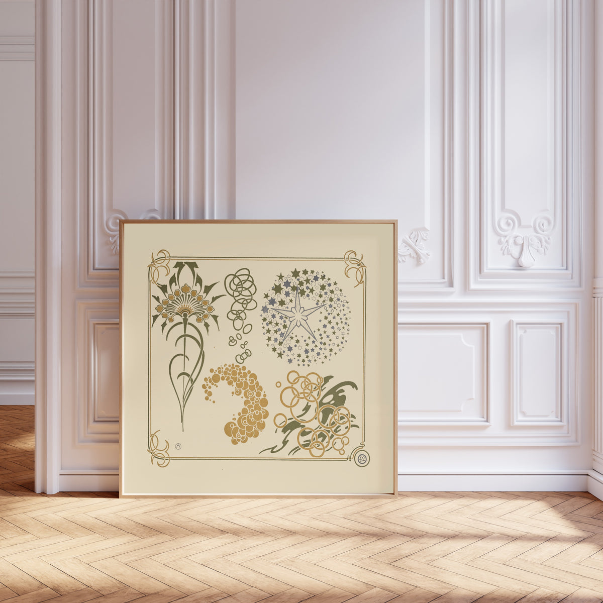 Framed art print of Abstract design based on stars, circles and leaves by Alphonse Mucha, leaning against pale pink panelling on a herringbone floor