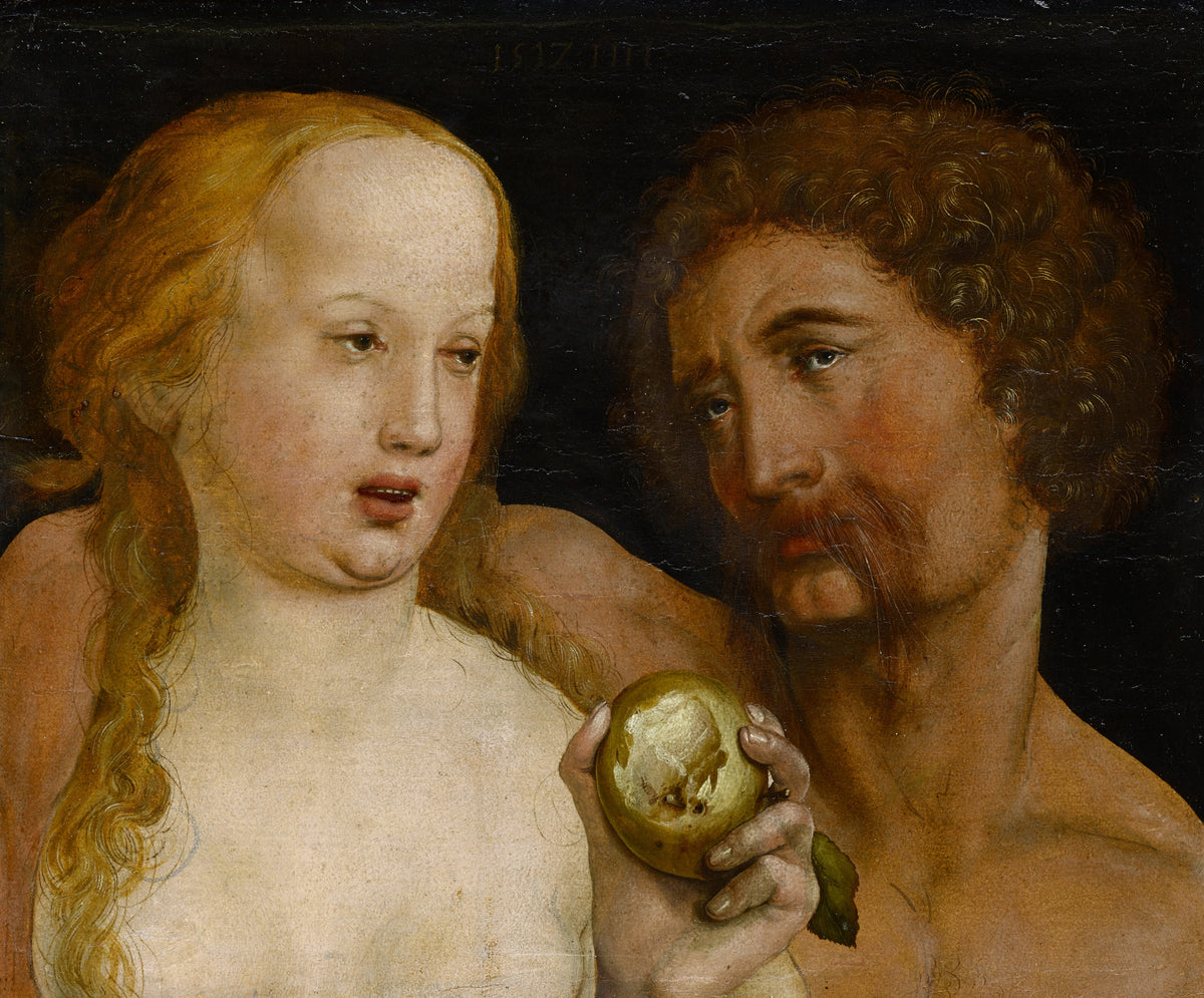 Adam and Eve by Hans Holbein the Younger — Two faces against black, an apple held up between them