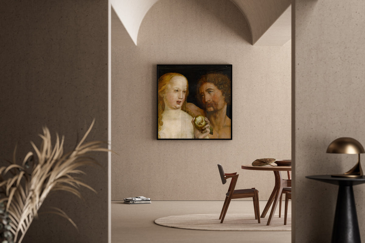 Framed art print of Adam and Eve by Hans Holbein the Younger, in a sunlit dining corner