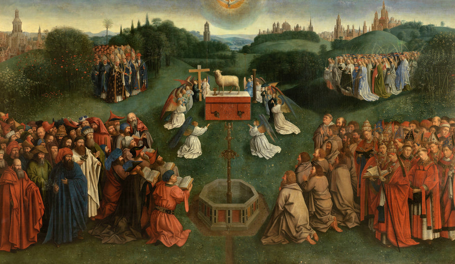 Jan van Eyck — Adoration of the Lamb | Fine Art Print shown to scale on a wall above a sofa