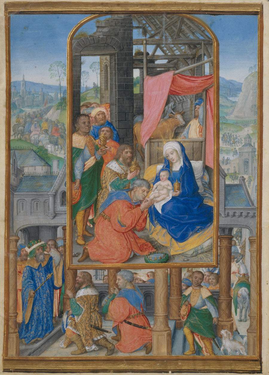 Master of James IV of Scotland — Adoration of the Magi | Illuminated Manuscript Print shown to scale on a wall above a sofa
