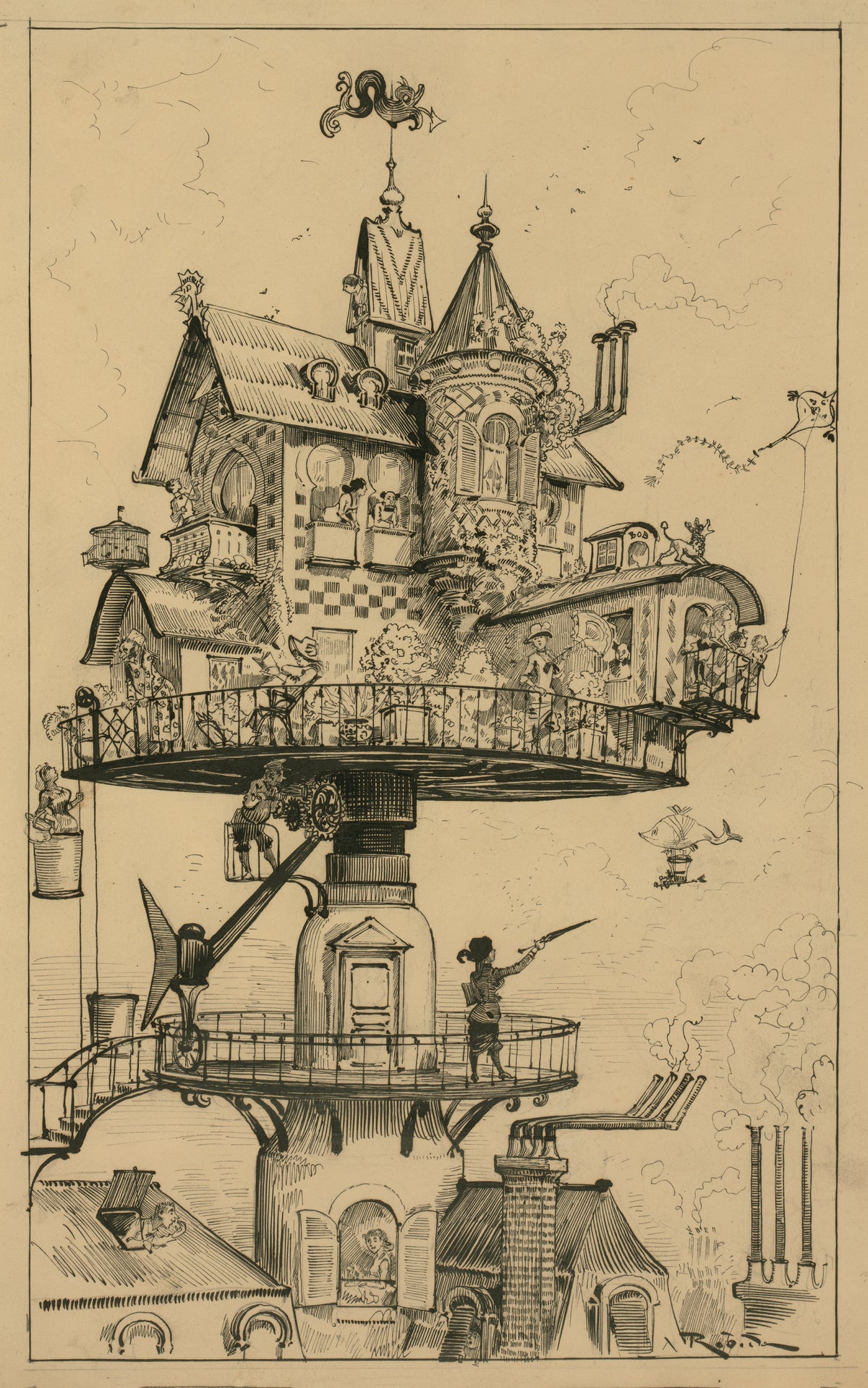 Aerial house by Albert Robida — A house on a tall rotating column among chimneys