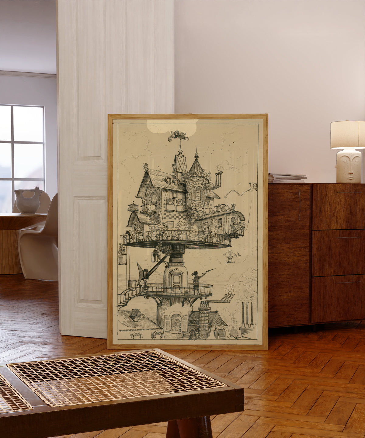 Framed art print of Aerial house by Albert Robida, in a light wood frame leaning in a warm room with a parquet floor