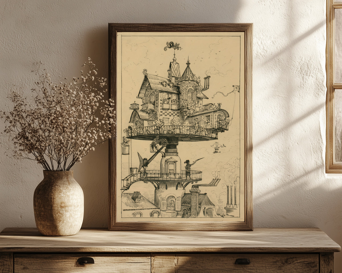 Framed art print of Aerial house by Albert Robida, in a dark wood frame leaning on a rustic console beside dried flowers
