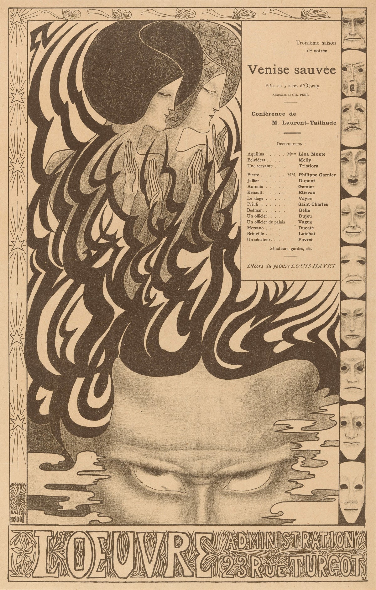 Affiche voor het toneelstuk Vénise sauvée van Thomas Otway by Jan Toorop — Two women raise their palms above flame-like hair and a staring face