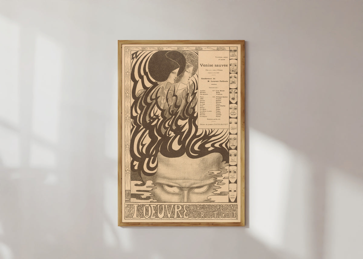 Framed art print of Affiche voor het toneelstuk Vénise sauvée van Thomas Otway by Jan Toorop, in a light wood frame on a sunlit white wall