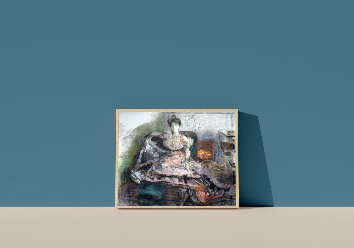 Framed art print of After the Concert (Portrait of Nadezhda Zabela-Vrubel) by Mikhail Vrubel, in a light wood frame leaning on a blue wall