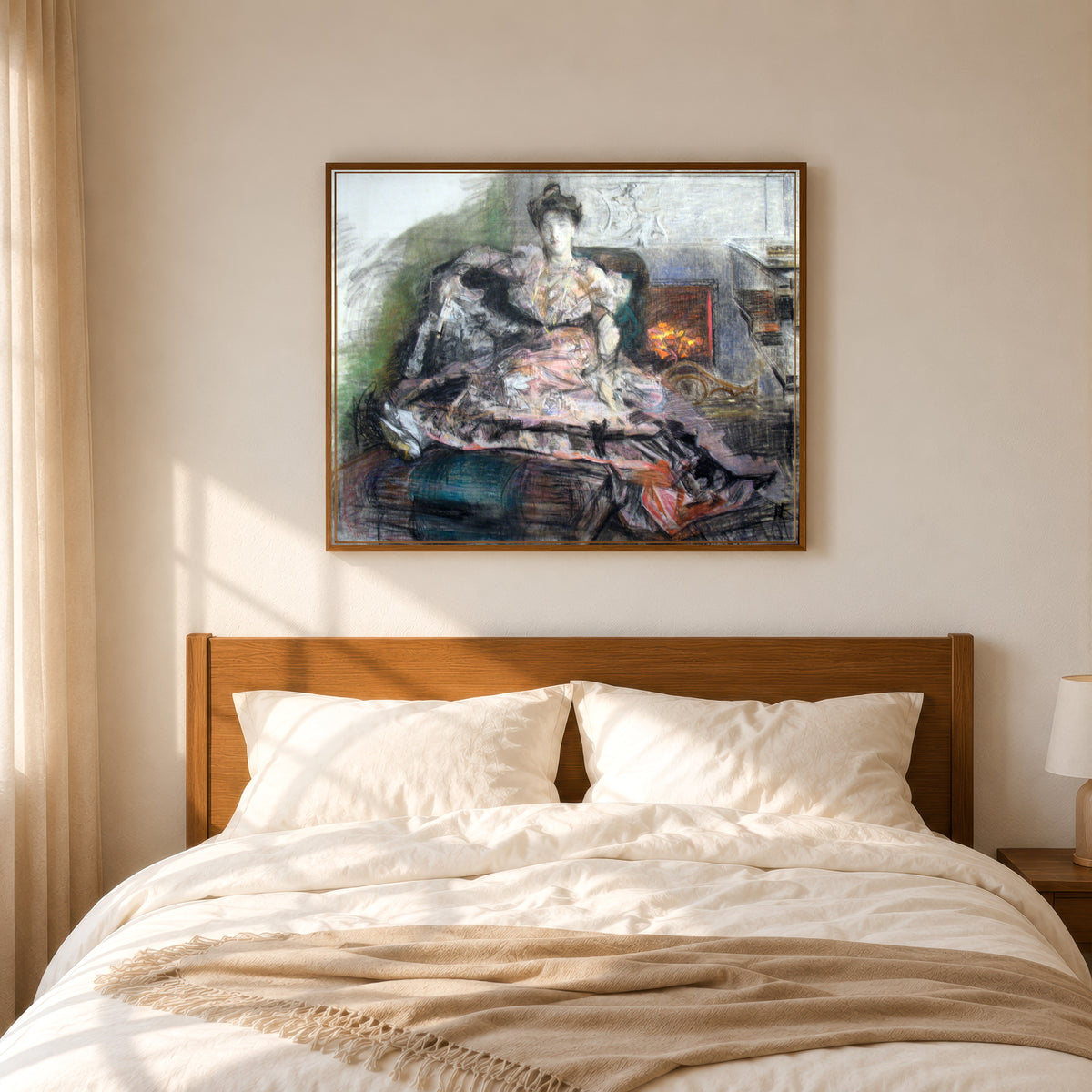 Framed art print of After the Concert (Portrait of Nadezhda Zabela-Vrubel) by Mikhail Vrubel, in a slim wood frame above a bed in a sunlit bedroom