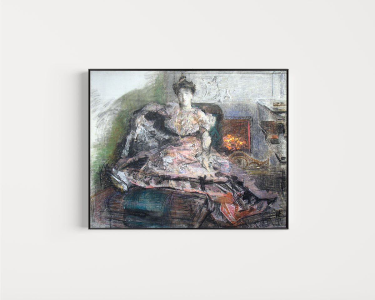 Framed art print of After the Concert (Portrait of Nadezhda Zabela-Vrubel) by Mikhail Vrubel, in a slim black frame on a plain white wall