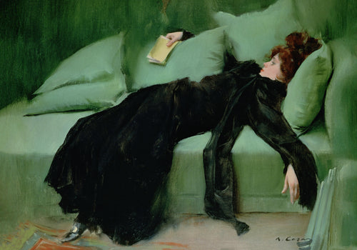 After the Dance by Ramon Casas — A woman in a black gown lies exhausted on a green sofa