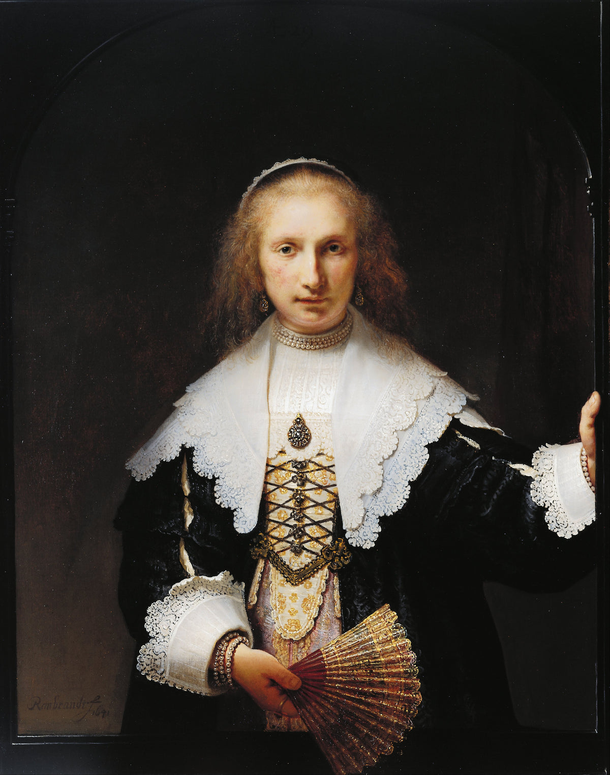 Agatha Bas (1611–1658) by Rembrandt van Rijn — A woman in black lace rests her hand on a painted ebony frame