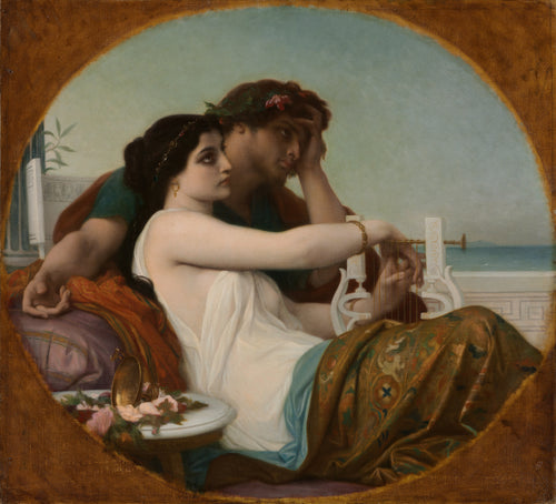 Aglaida and Boniface by Alexandre Cabanel — Two lovers lean together beside a lyre and scattered roses by the sea