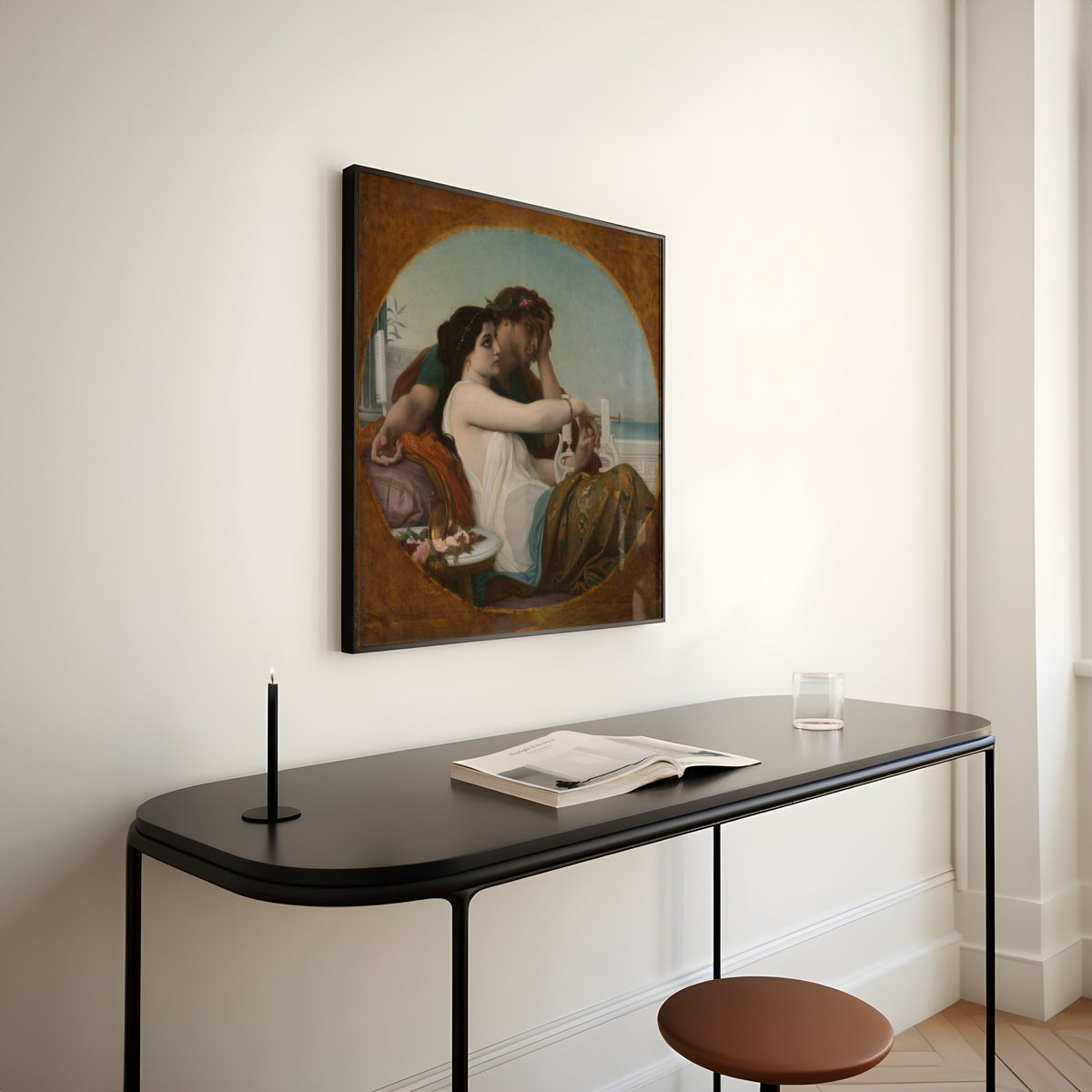 Framed art print of Aglaida and Boniface by Alexandre Cabanel, above a slim black console table