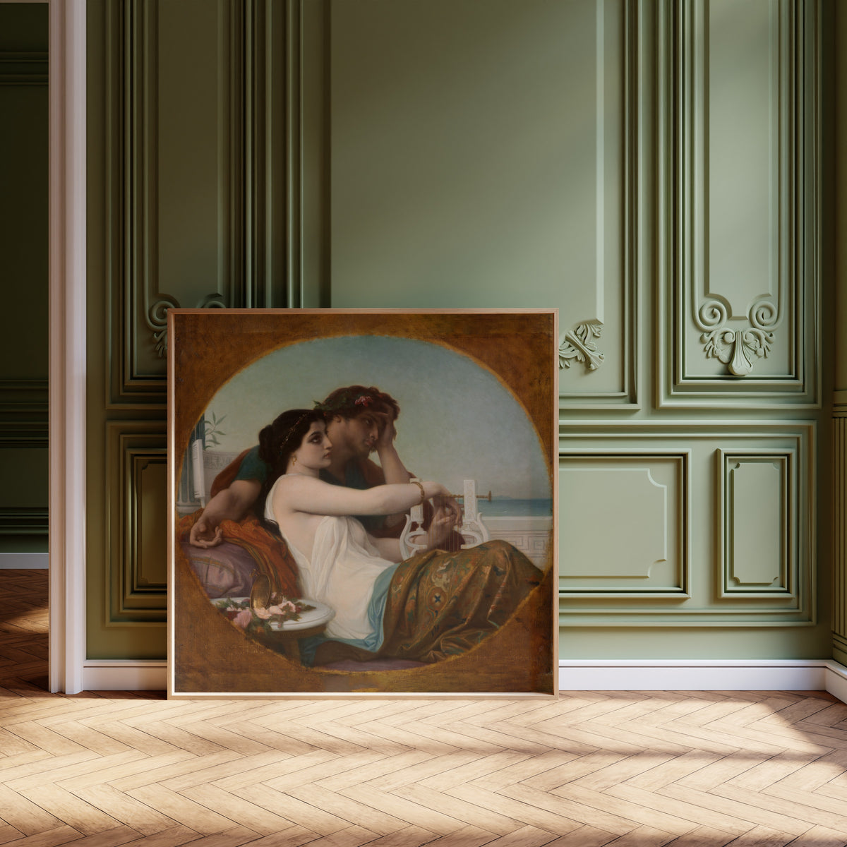 Framed art print of Aglaida and Boniface by Alexandre Cabanel, leaning against olive-green panelling on a herringbone floor