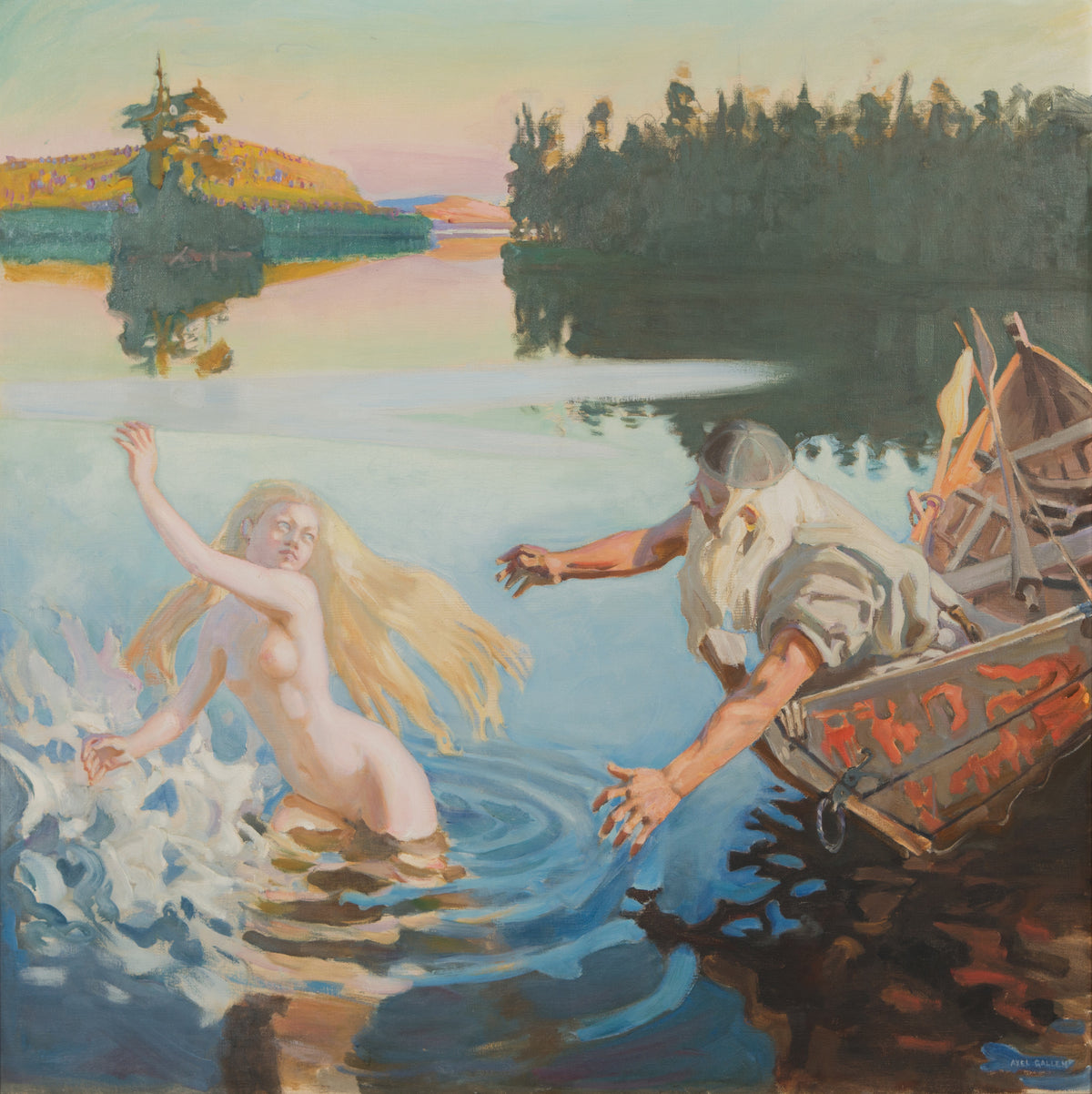 Aino by Akseli Gallen-Kallela — A fair-haired maiden flees through the water from an old man's grasp