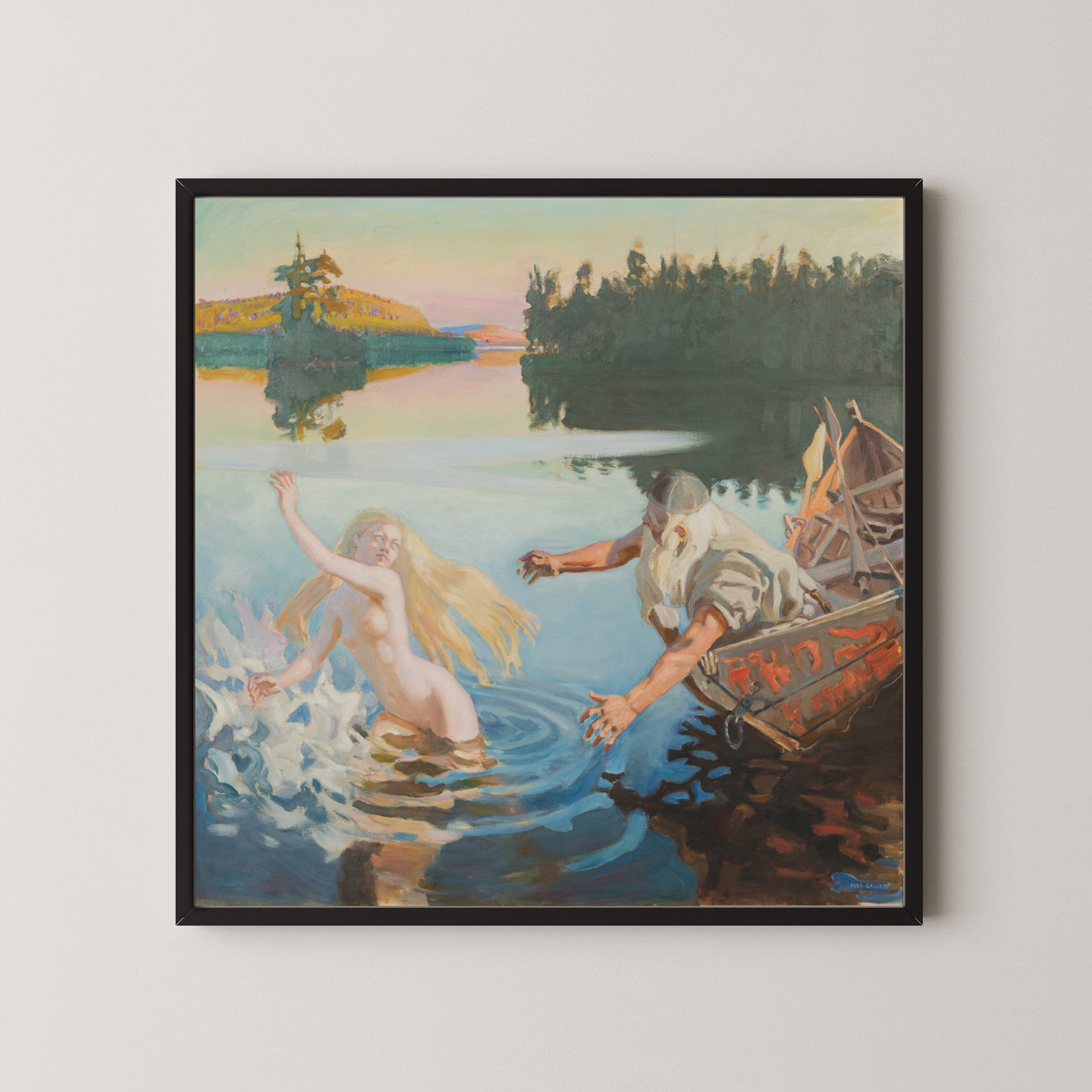 Framed art print of Aino by Akseli Gallen-Kallela, in a black frame on a pale wall