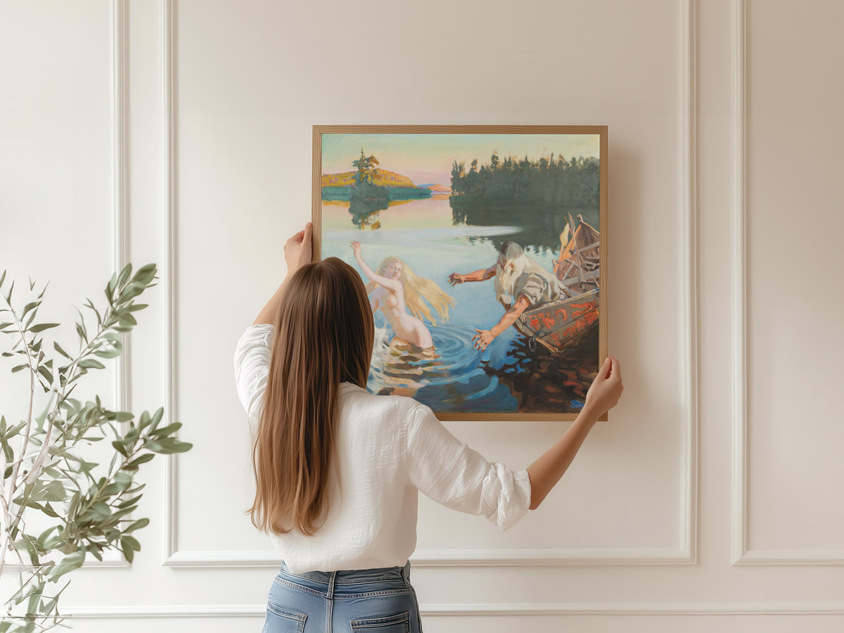 Framed art print of Aino by Akseli Gallen-Kallela, hung on a panelled wall