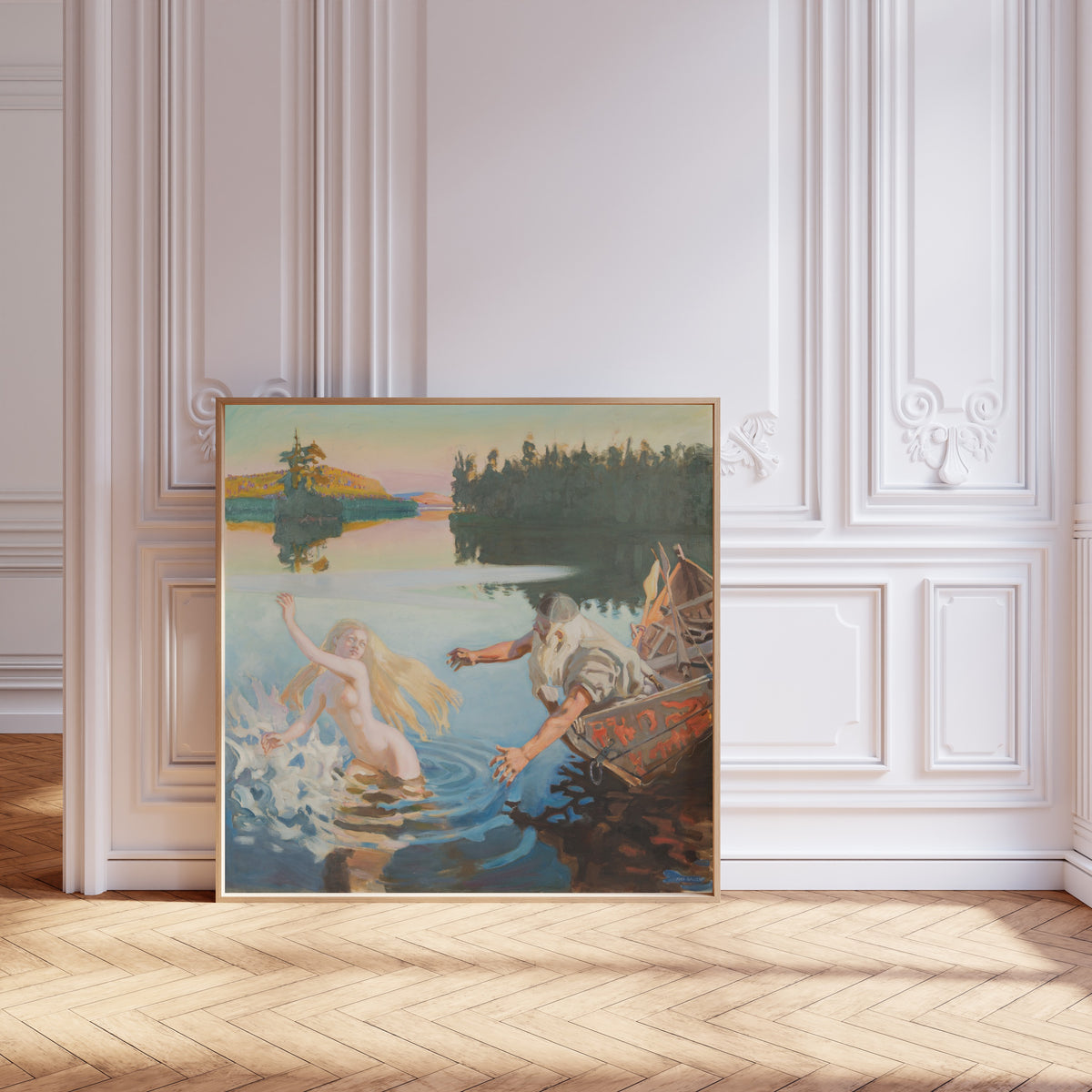 Framed art print of Aino by Akseli Gallen-Kallela, leaning against pale pink panelling on a herringbone floor