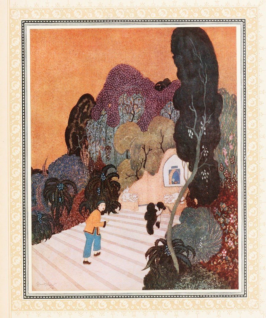 Edmund Dulac — Aladdin finds the Magic Lamp | Fantasy Illustration Print shown to scale on a wall above a sofa