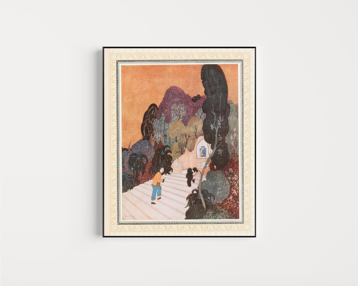 Framed art print of Aladdin finds the Magic Lamp by Edmund Dulac, in a slim black frame on a plain white wall