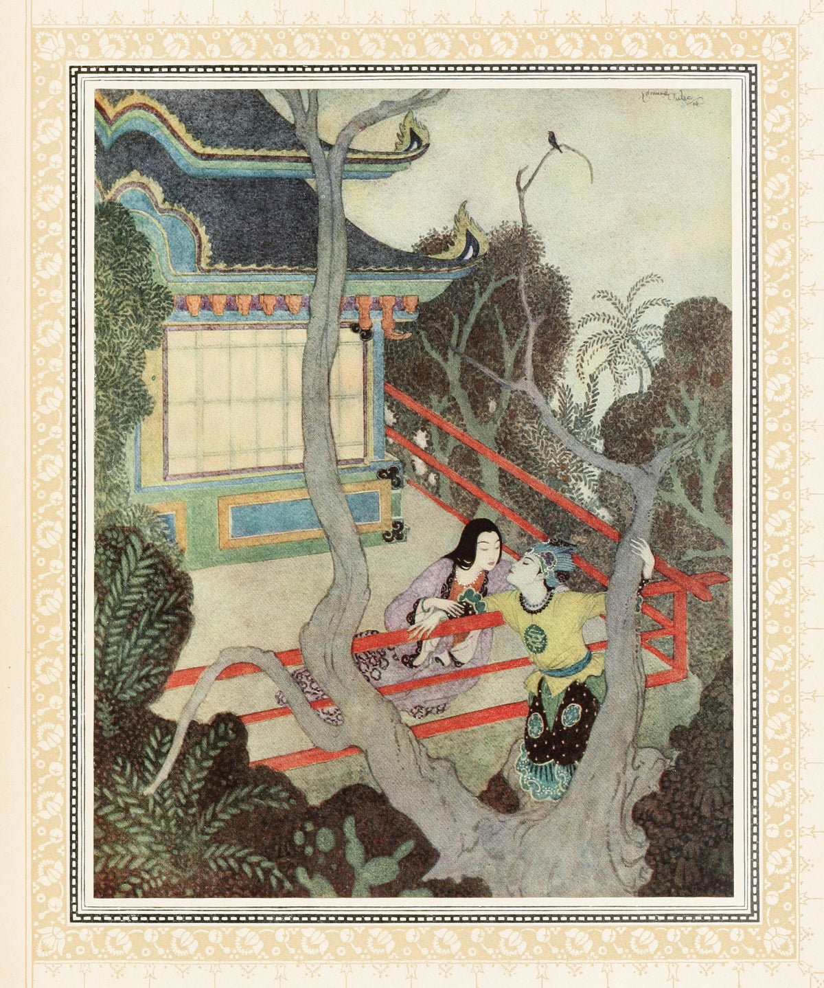 Aladdin finds the Princess in Africa by Edmund Dulac — Two lovers speak across a red railing beside a pavilion