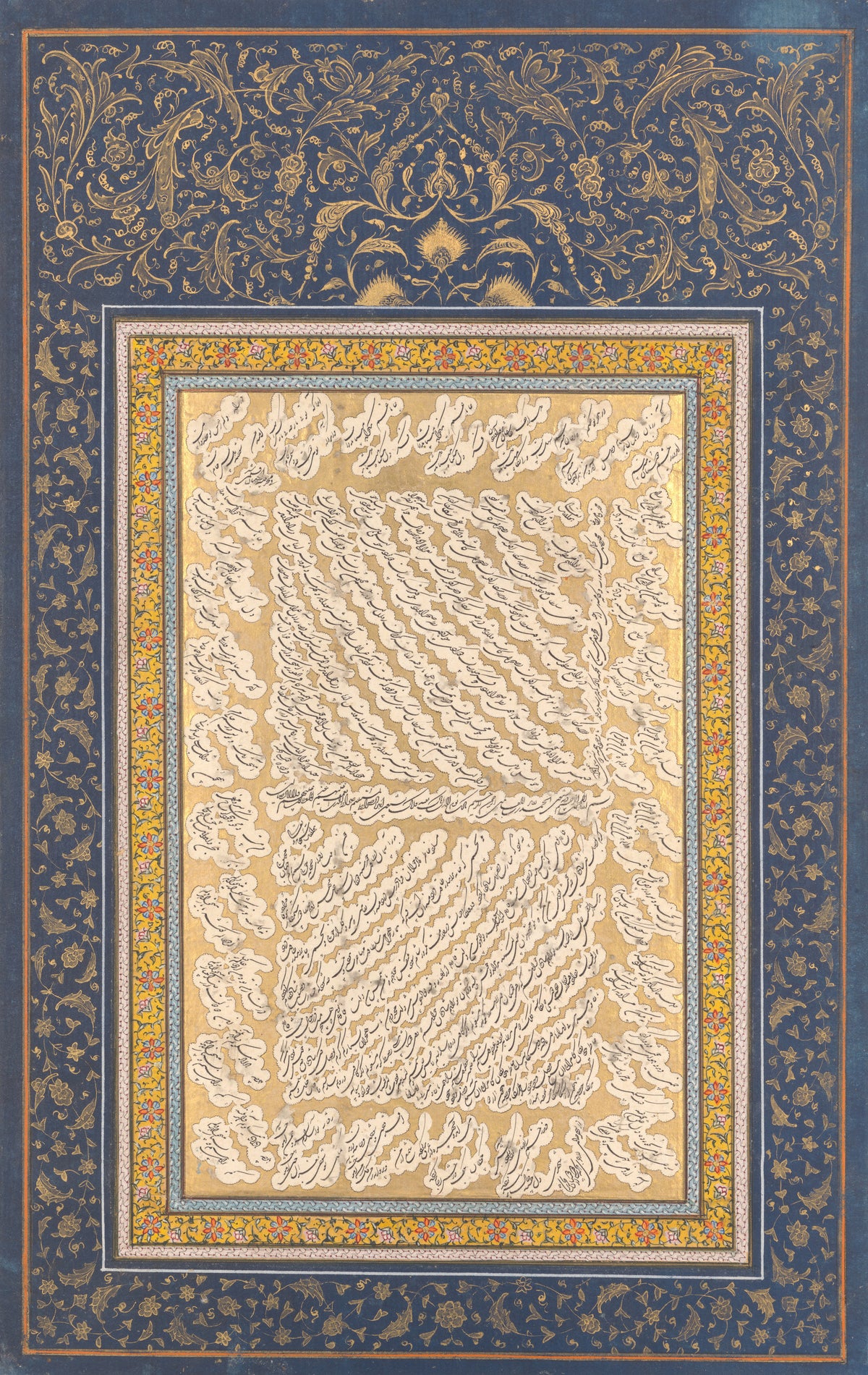 Album Leaf of Shekasteh-ye Nasta'liq by Mirza Kuchak — Cloud-bound lines of fine script on gold in a blue gilded margin