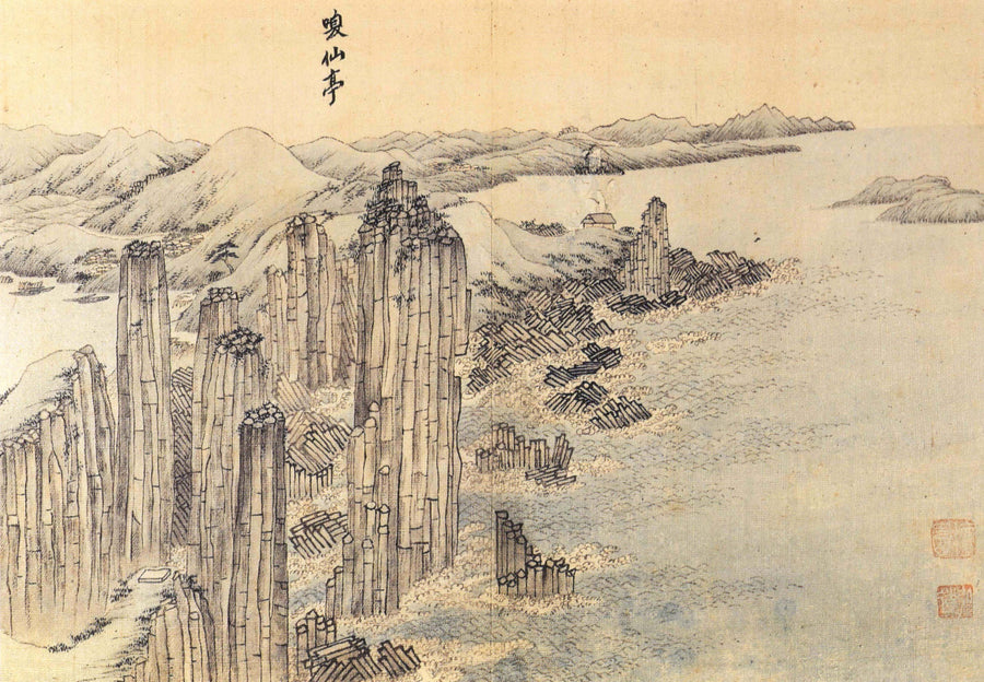 Kim Hong-do (Danwon) — Album of Four Districts around Mt. Geumgang: Hwanseonjeong | Korean Painting Art Print shown to scale on a wall above a sofa