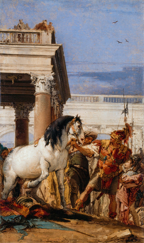 Alexander and Bucephalus by Giovanni Battista Tiepolo — A white horse rears away from a soldier in a red cuirass