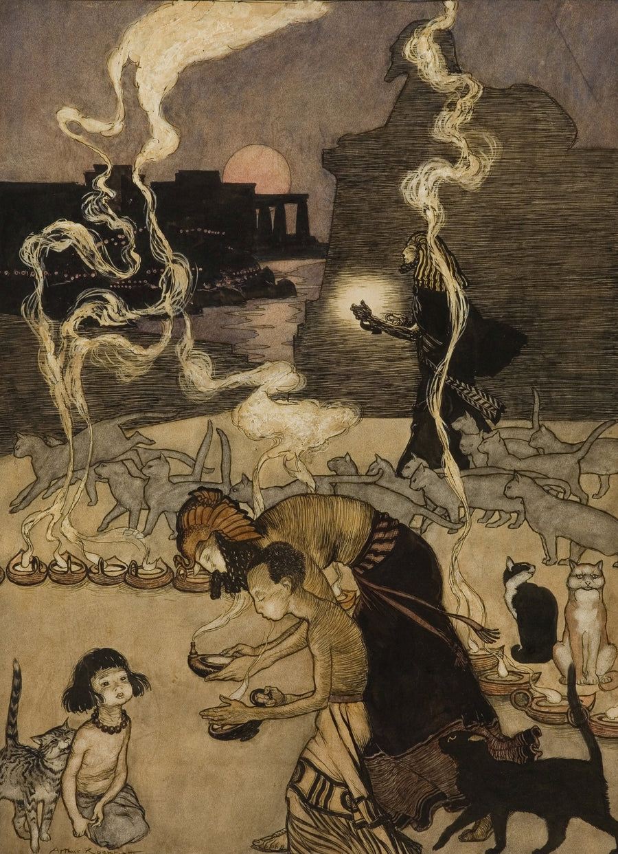 Arthur Rackham — All Through Egypt Every Man Burns a Lamp | Fairy Tale Illustration Print shown to scale on a wall above a sofa