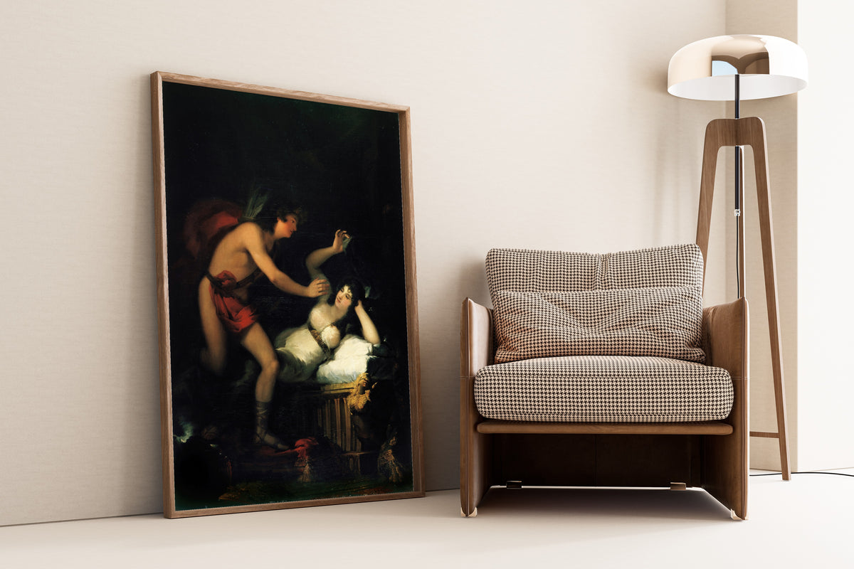 Framed art print of Allegory of Love, Cupid and Psyche by Francisco de Goya, leaning against a wall beside an armchair and a floor lamp