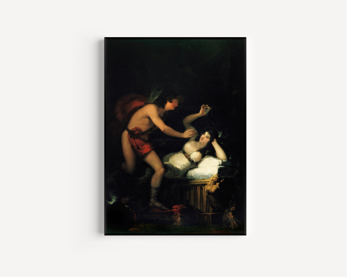 Framed art print of Allegory of Love, Cupid and Psyche by Francisco de Goya, in a slim black frame on a plain white wall