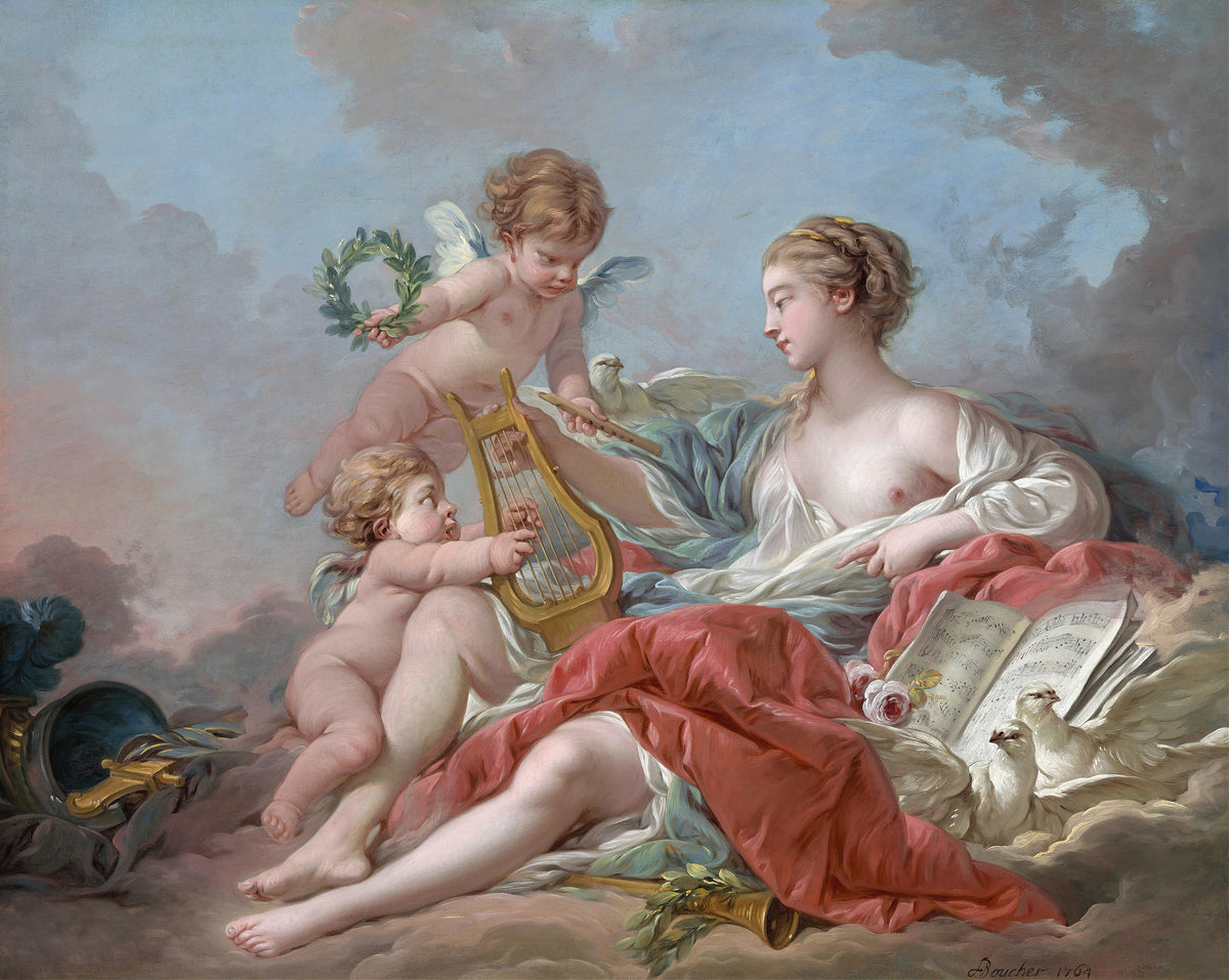 Allegory of Music by François Boucher — A woman among clouds, putti, a lyre and the pages of a song