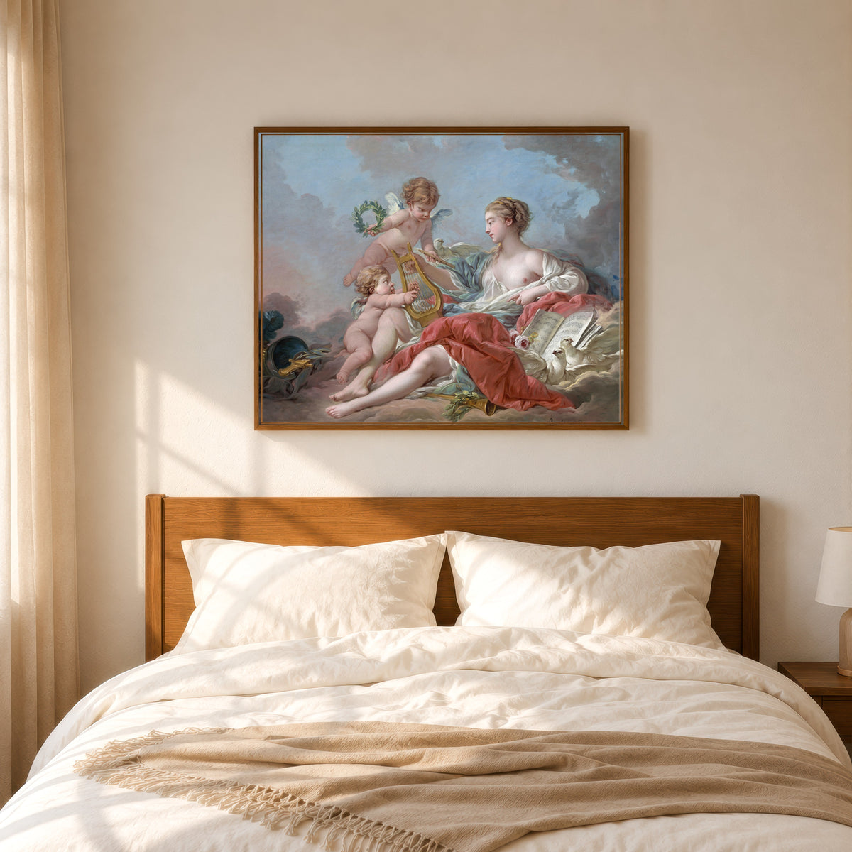 Framed art print of Allegory of Music by François Boucher, in a slim wood frame above a bed in a sunlit bedroom
