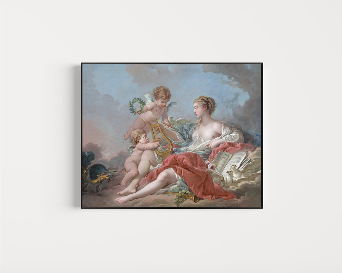 Framed art print of Allegory of Music by François Boucher, in a slim black frame on a plain white wall
