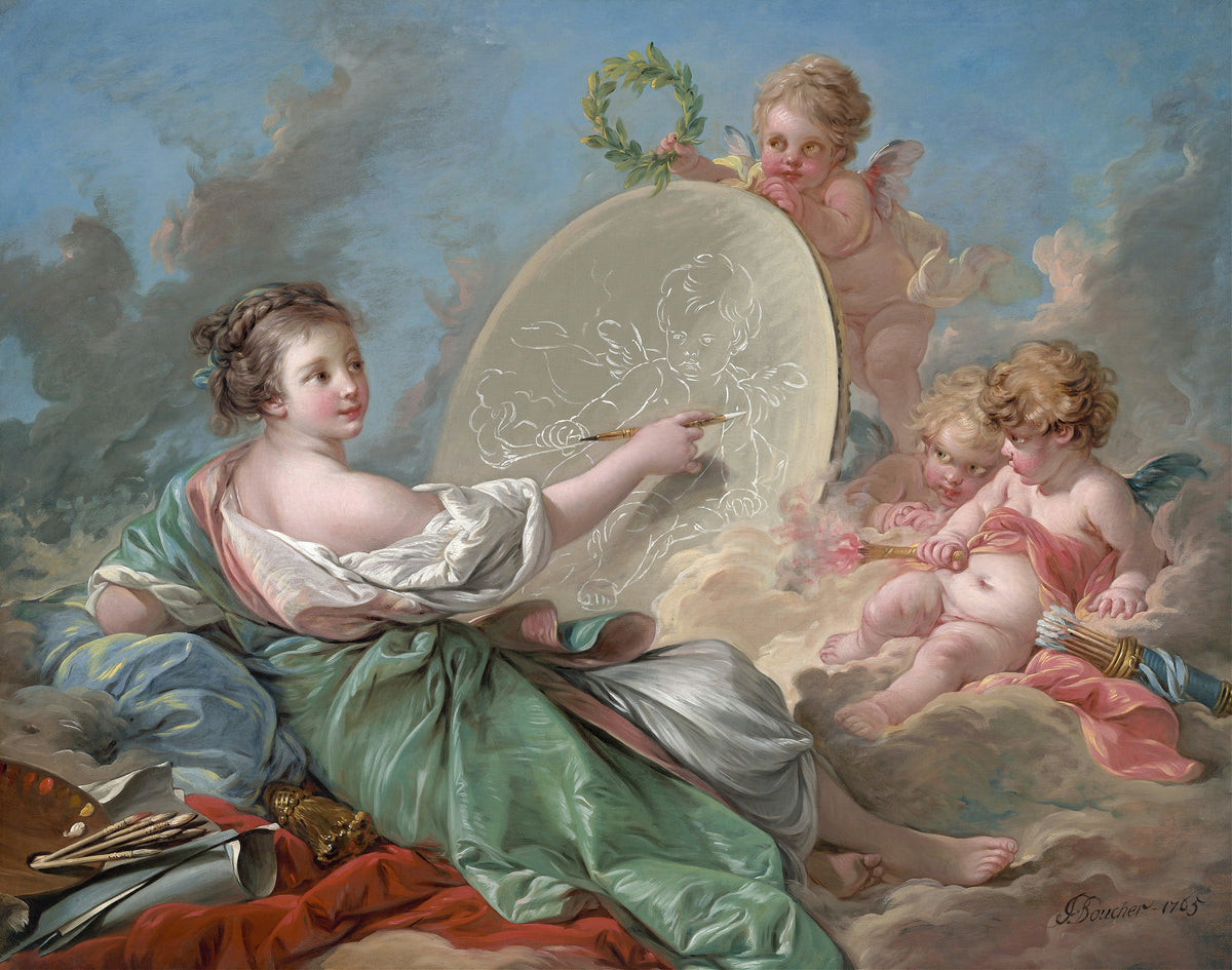 Allegory of Painting by François Boucher — A painter traces a winged child on an oval canvas among clouds